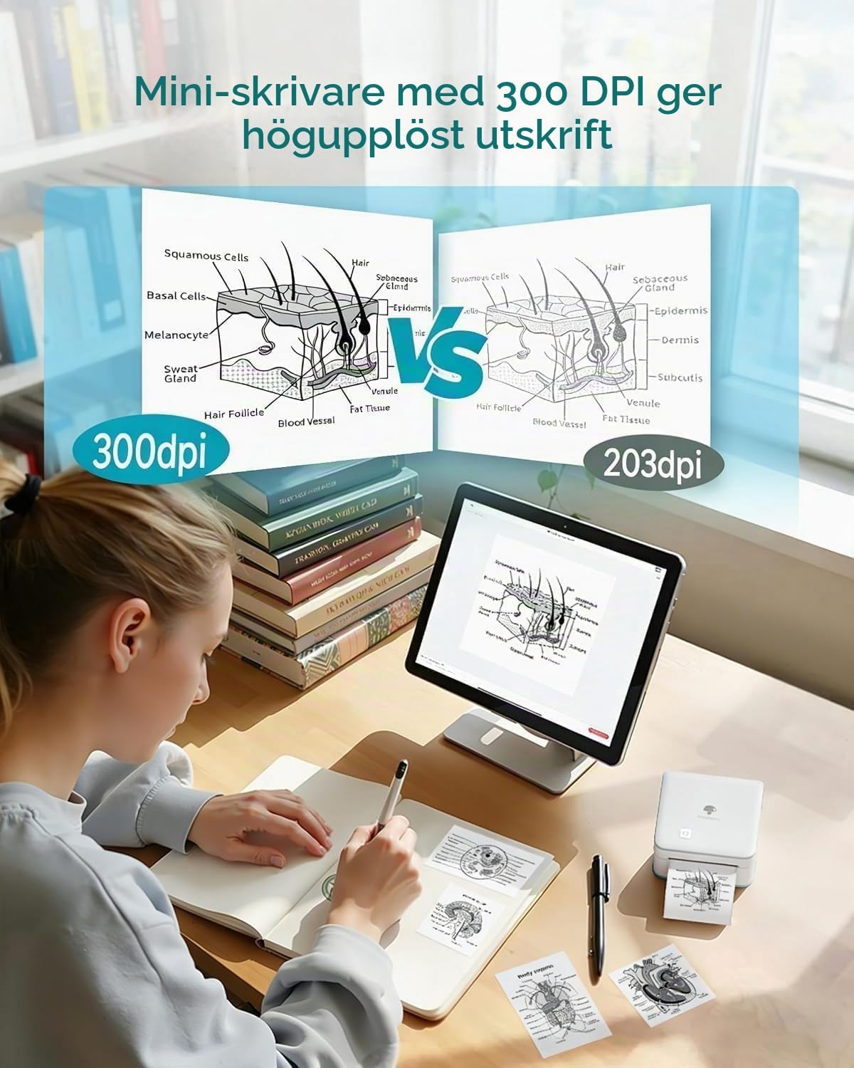 Detalle de Phomemo M02Pro portabel termisk miniskrivare, 300 dpi, Bluetooth, vit