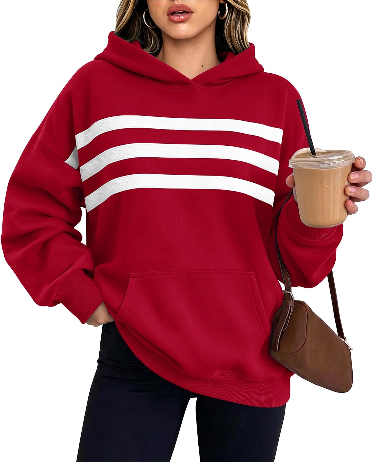 Detalle de onlypuff Women's Striped Oversized Fleece Hoodie Pullover