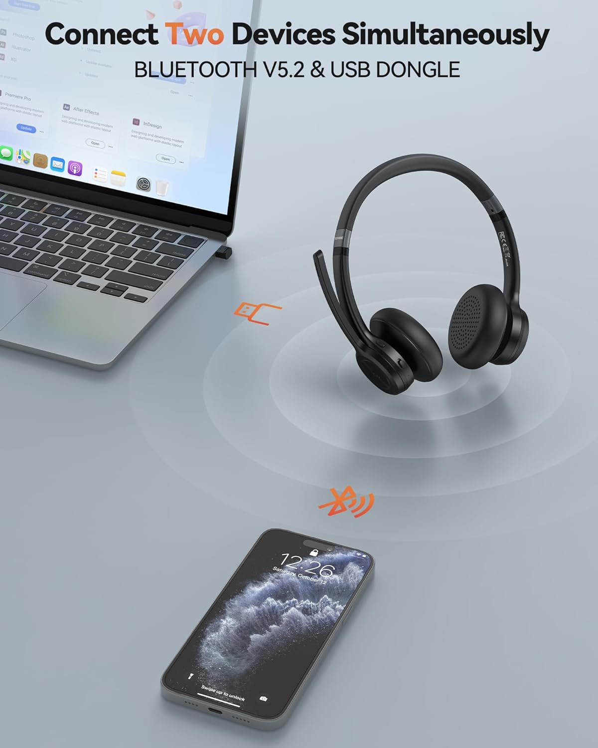 Detalle de TechRise Bluetooth Headset Wireless Headset with Microphone (Bluetooth 5.2, 50H playtime, mute)