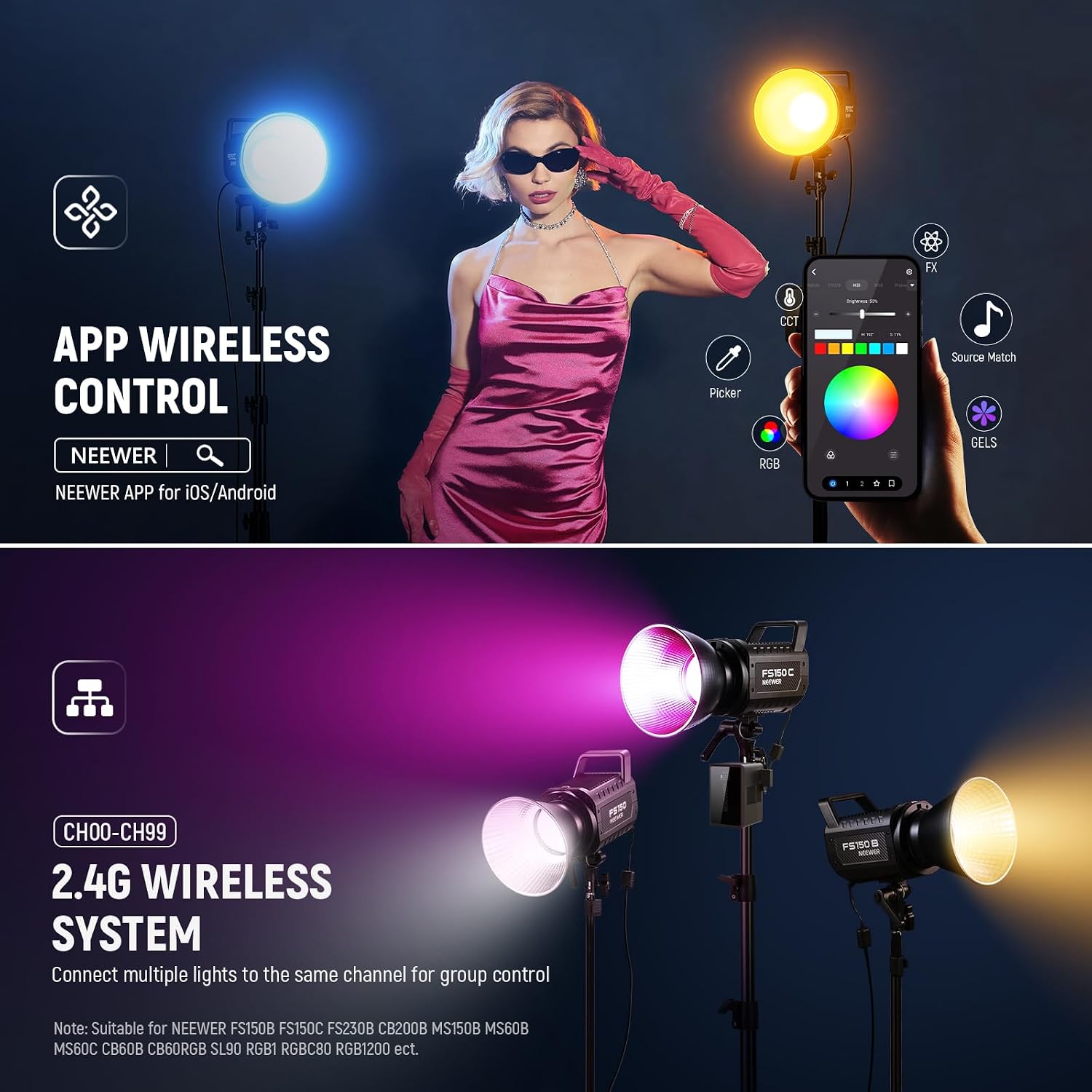 Thumbnail 5 de Neewer FS150C 130W RGB LED Video Light with App/2.4G Control (Bowens mount)