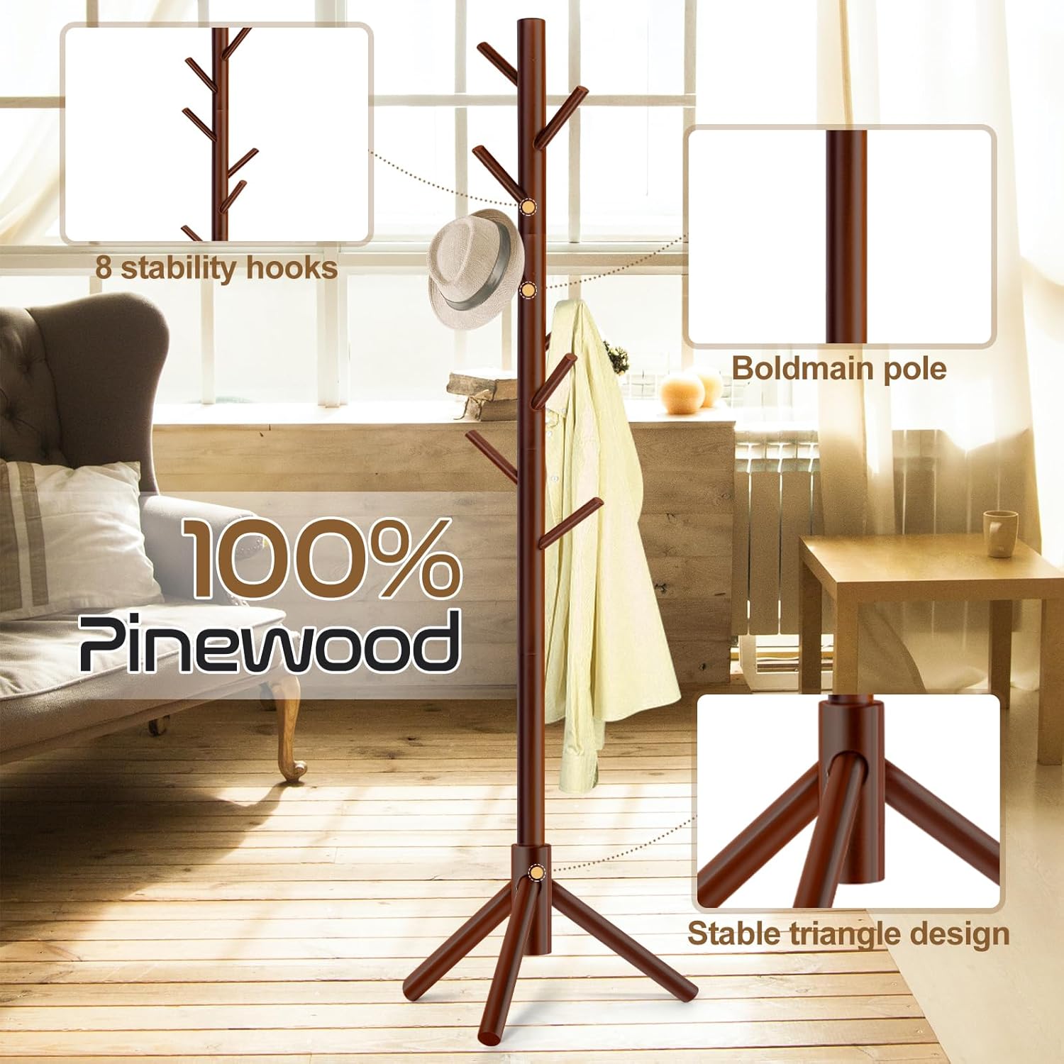 Thumbnail 5 de Freyawin Solid Wooden Freestanding Coat Rack with 8 Hooks and 3 Height Options (New Zealand Pine)