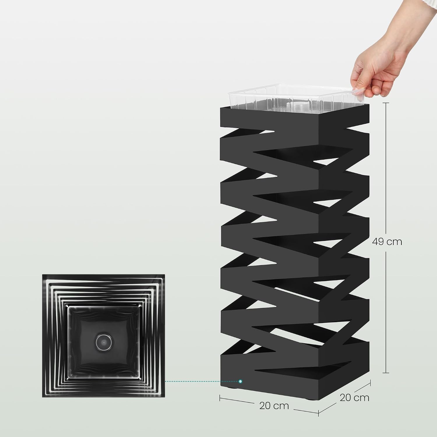 Detalle de SONGMICS Regenschirmständer aus Metall, quadratisch, 4 Haken und herausnehmbare Wasserauffangschale – LUC017B01, Schwarz