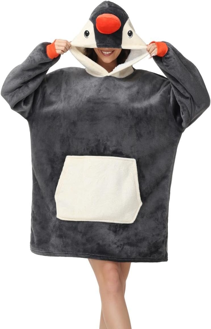Detalle de Chuangminghangqi Unisex Kuscheldecke als Hoodie mit Ärmeln und Kapuze – oversized Tier-Design