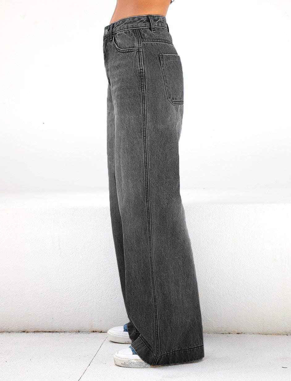 Detalle 2 de EMMIOL Weite Leg Straight Jeans Damen im Used-Look mit verstellbarem Bund