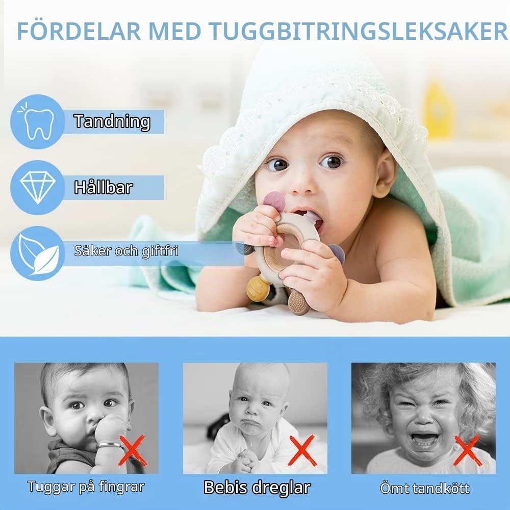 Detalle de Vicloon bitring för nyfödda med silikon, bokträ och grå bomullskedja