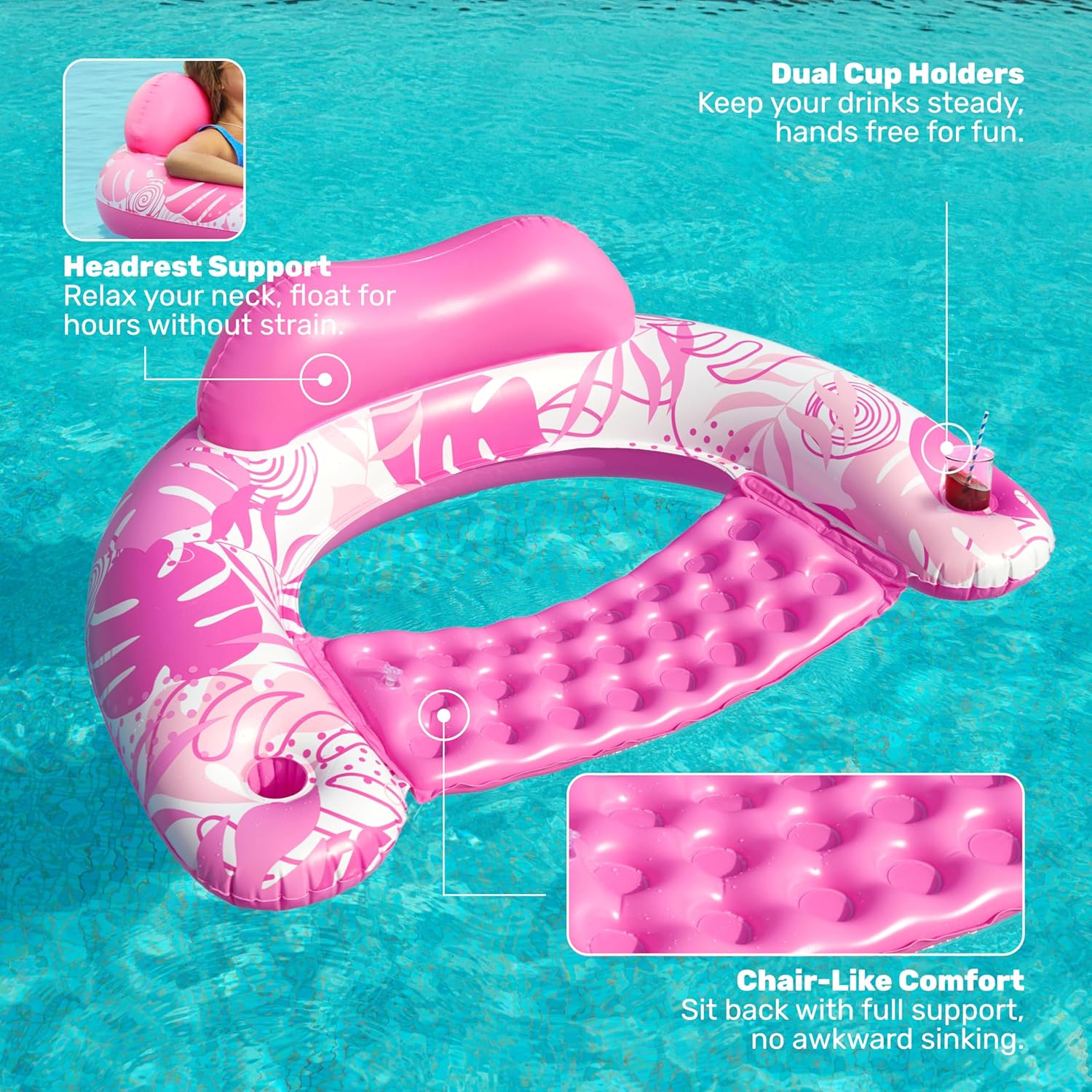 Detalle de SLOOSH Inflatable Pool Float Chairs for Adults (2-Pack) with Cup Holders, X-Large