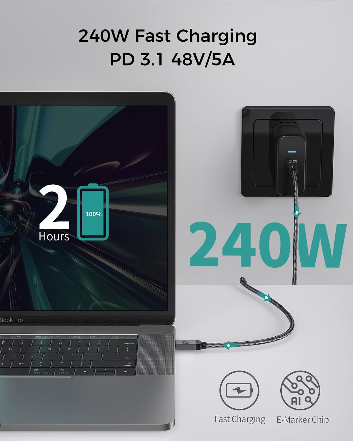 Detalle de Silkland USB4/Thunderbolt-4 Kabel (5 m) für 5K/4K@60Hz, 20 Gbit/s & bis 240 W Laden