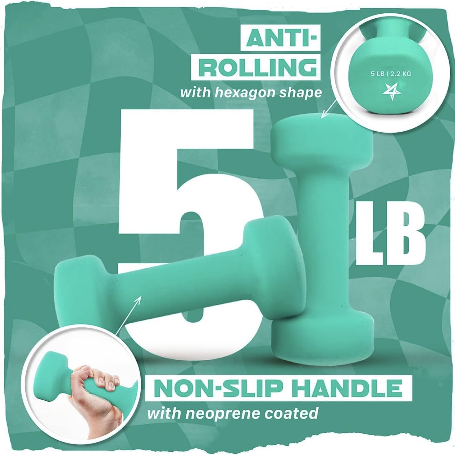 Detalle de Yes4All Neoprene-Coated Dumbbell Pair, 5 lb, Teal Green, Hexagonal Heads