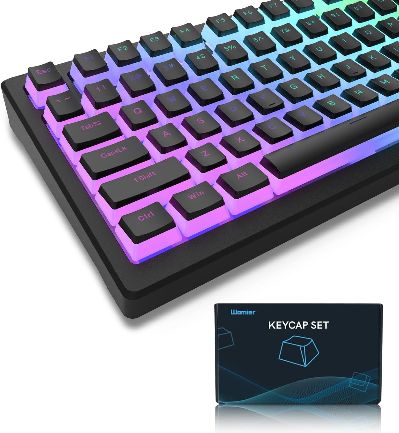 Detalle de Womier Pudding – 165 czarnych nakładek PBT, profil OEM i efekt RGB