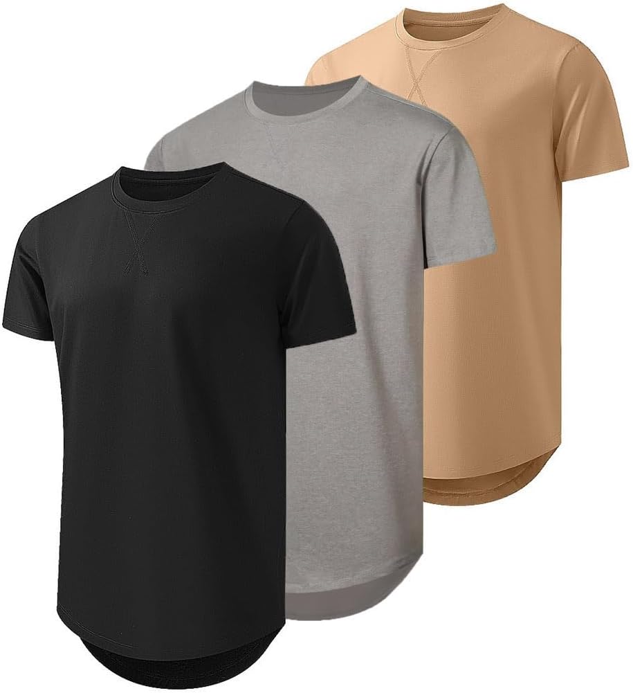 Detalle de JMIERR Mens 3-Pack Cotton Hipster Hip Hop Longline Crewneck T-Shirts