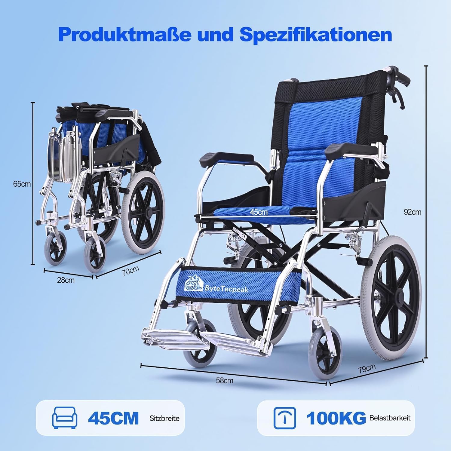 Detalle 2 de ByteTecpeak M3 Ultraleicht Rollstuhl – faltbar, 10 kg, Sitzbreite 45 cm, blau