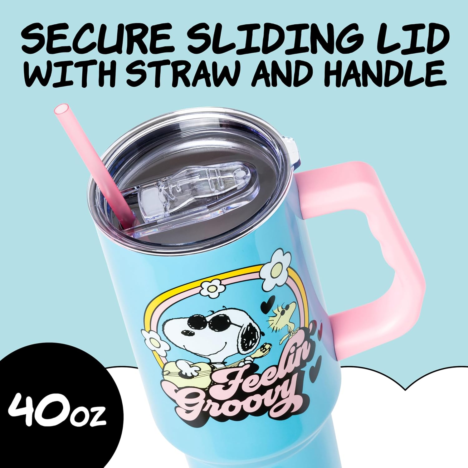 Detalle de Silver Buffalo Peanuts Feelin' Groovy 40 oz Stainless Steel Tumbler with Handle and Straw