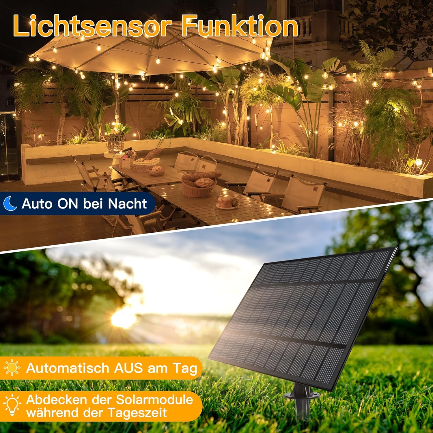 Thumbnail 1 de Ollny Solar Lichterkette Außen 10 m mit 16+1 LED (G40), Solarbetrieb & Fernbedienung, IP65