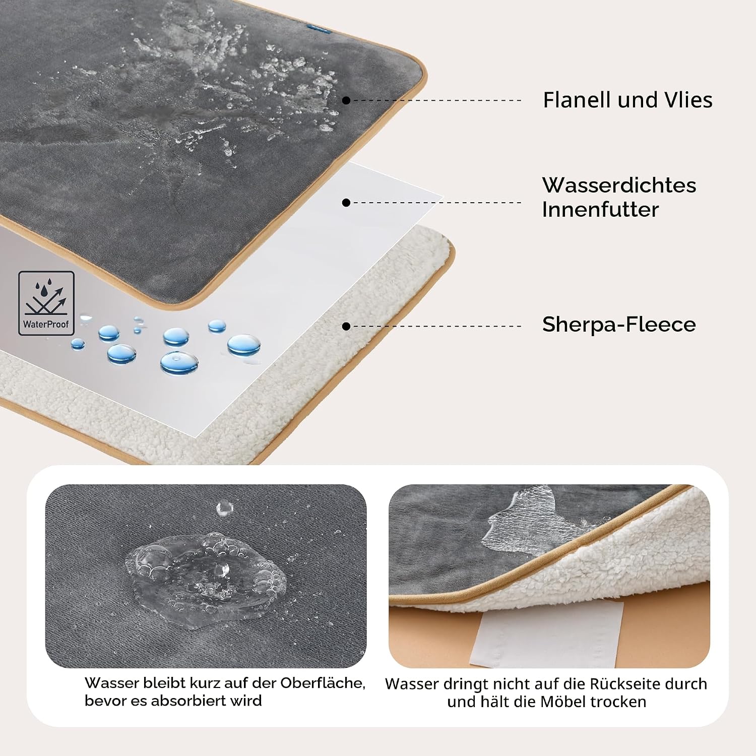 Detalle 2 de LE SURE wasserdichte Hundedecke 100×80 cm – mittelgroße Hunde, Cremefarben, waschbar