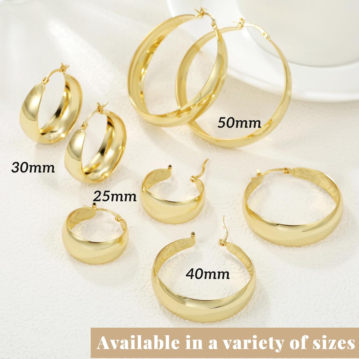 Thumbnail 6 de Senteria 12mm Wide Thick Hoop Earrings (925 Sterling Silver, 14K Gold Plated) — Hypoallergenic Chunky Hoops
