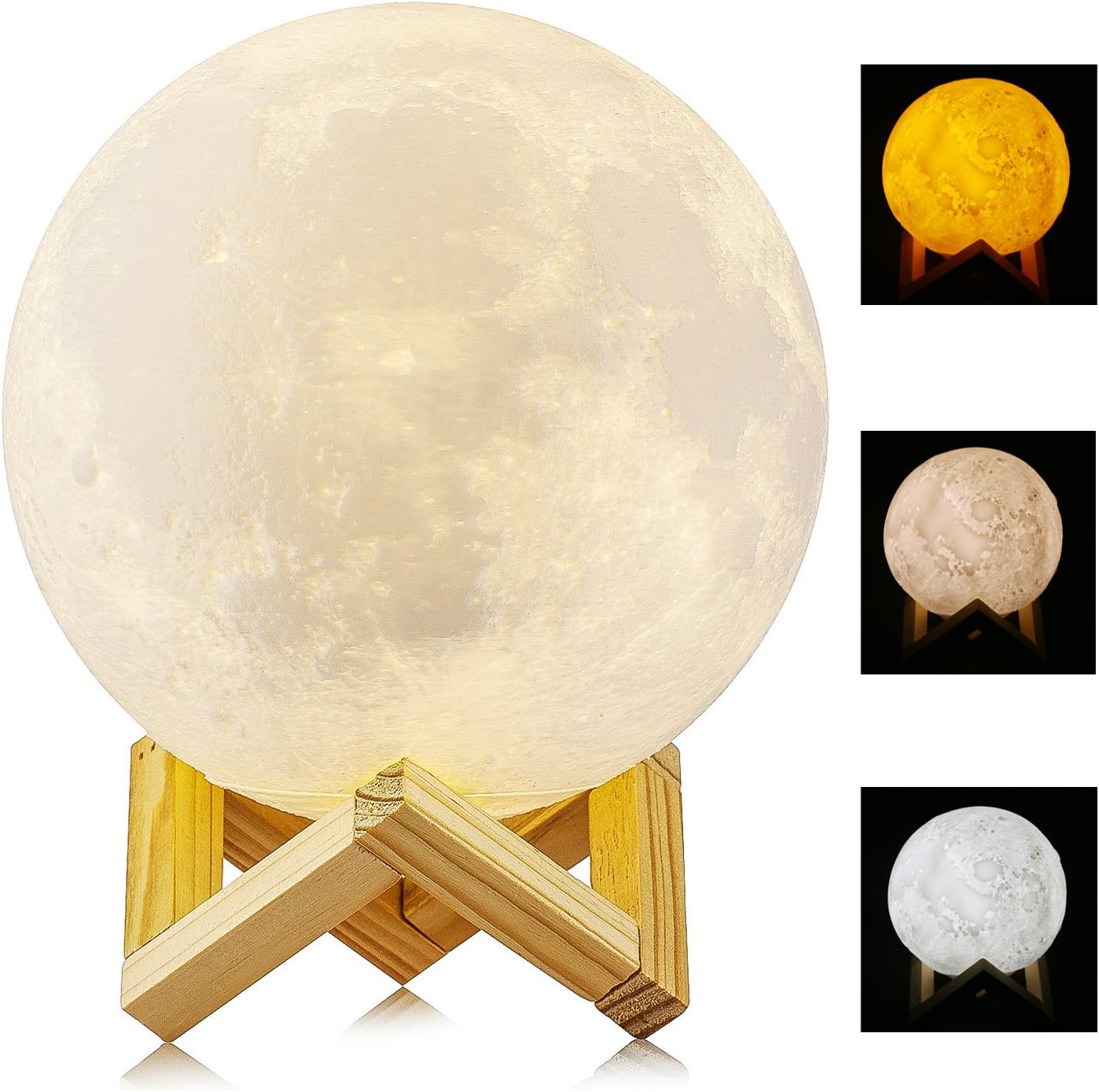 Thumbnail 1 de 5.9 Inch LED Moon Night Light (3D Moon Lamp) with Touch & Tap Dimming, USB Charging and Wooden Stand