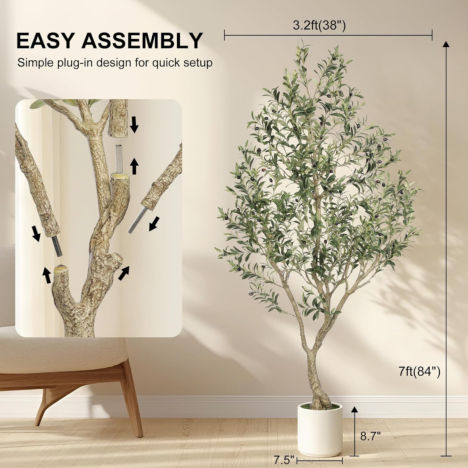 Detalle 2 de LYERSE 7 ft Faux Olive Tree with White Planter, Lifelike Leaves and Fruit