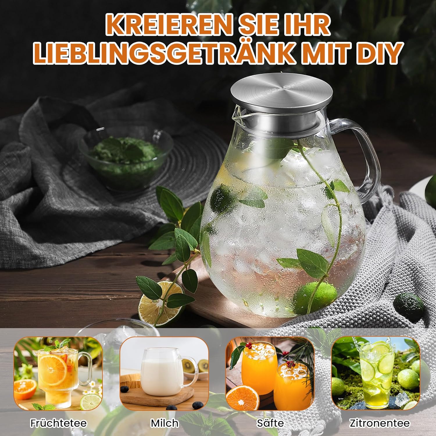 Thumbnail 3 de SUSTEAS Wasserkaraffe 3,0 Liter aus Borosilikatglas mit Deckel, breitem Griff & Reinigungsbürste