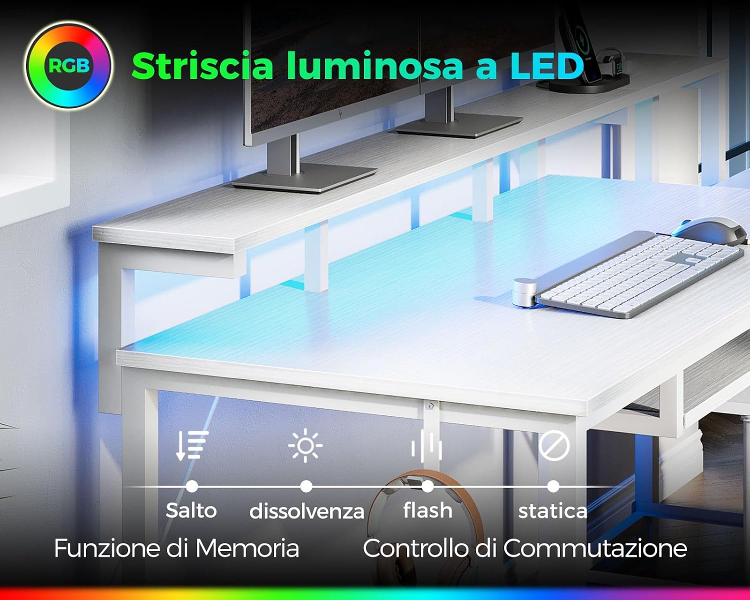Detalle 2 de Coleshome Scrivania Gaming con LED, prese e 2 cassetti, 140x48 cm, tavolo reversibile con supporto monitor e vassoio tastiera (bianco)