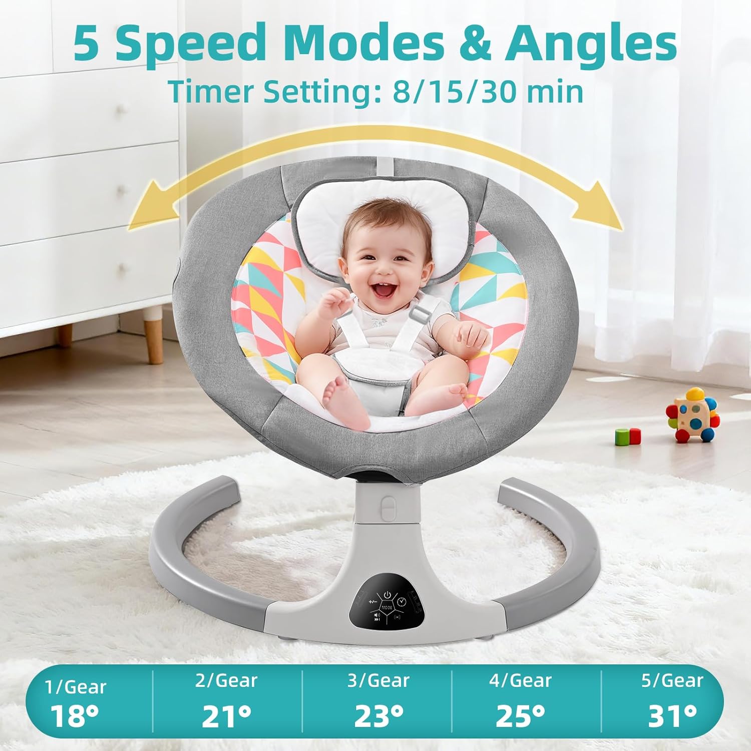 Thumbnail 2 de Baby Bouncer from Birth electric baby swing chair with Bluetooth, 5 swing speeds, 3 recline angles and remote (Grey)