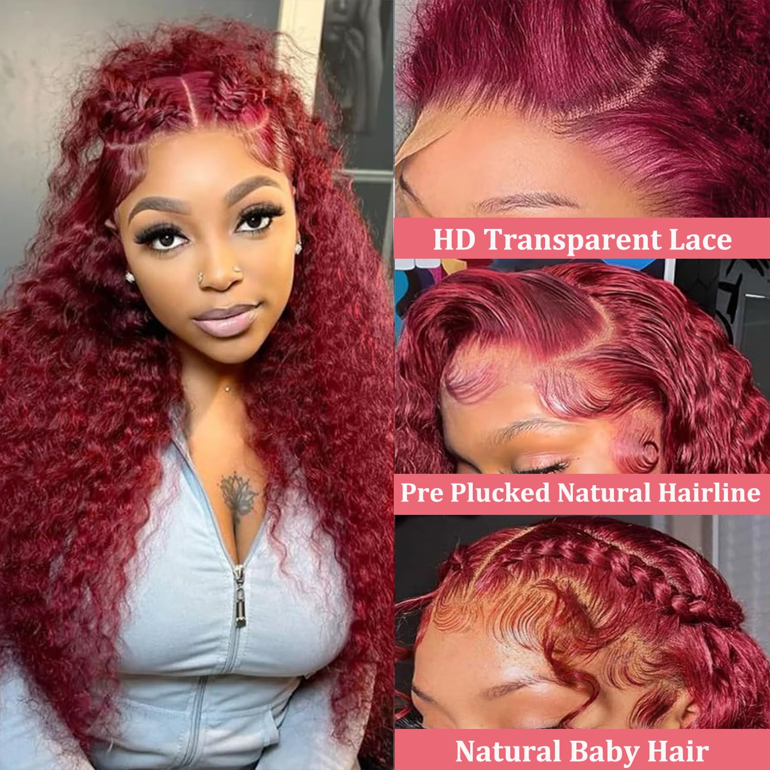 Detalle de Armodeo 38 Inch 99J Burgundy Deep Wave Lace Front Wig – 13x13 HD Lace, 250 Density, Pre Plucked