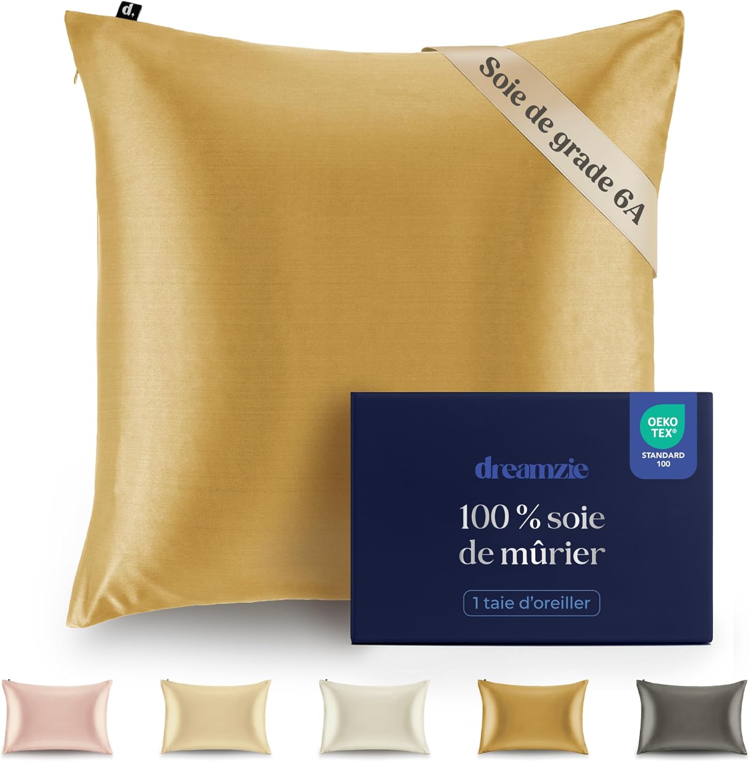 Dreamzie Taie d’oreiller en soie 100% 22 Momme Grade 6A (Oeko-Tex) – 60 x 60 cm, doré – 1 unité