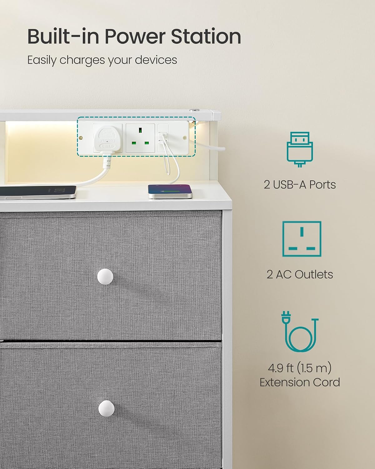 Detalle de SONGMICS BELLAH LTS519G02 9-Drawer Chest with LED Lights and Charging Station