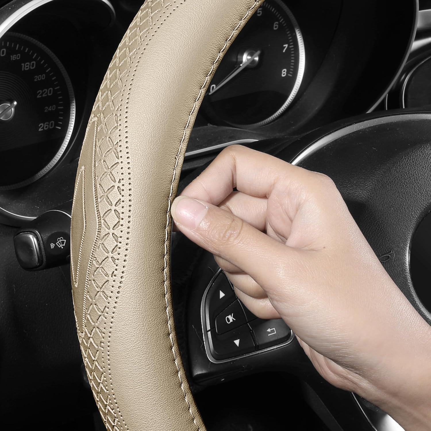 Thumbnail 2 de Menifomory Genuine Leather Cowhide Steering Wheel Cover (Soft SUV Cover, Universal 15 inch fit) – C-Beige