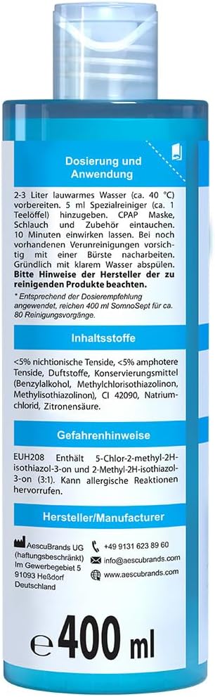 Detalle de SomnoSept CPAP-Reiniger 400 ml – Sanfte Reinigung von Maske, Schlauch und Zubehör