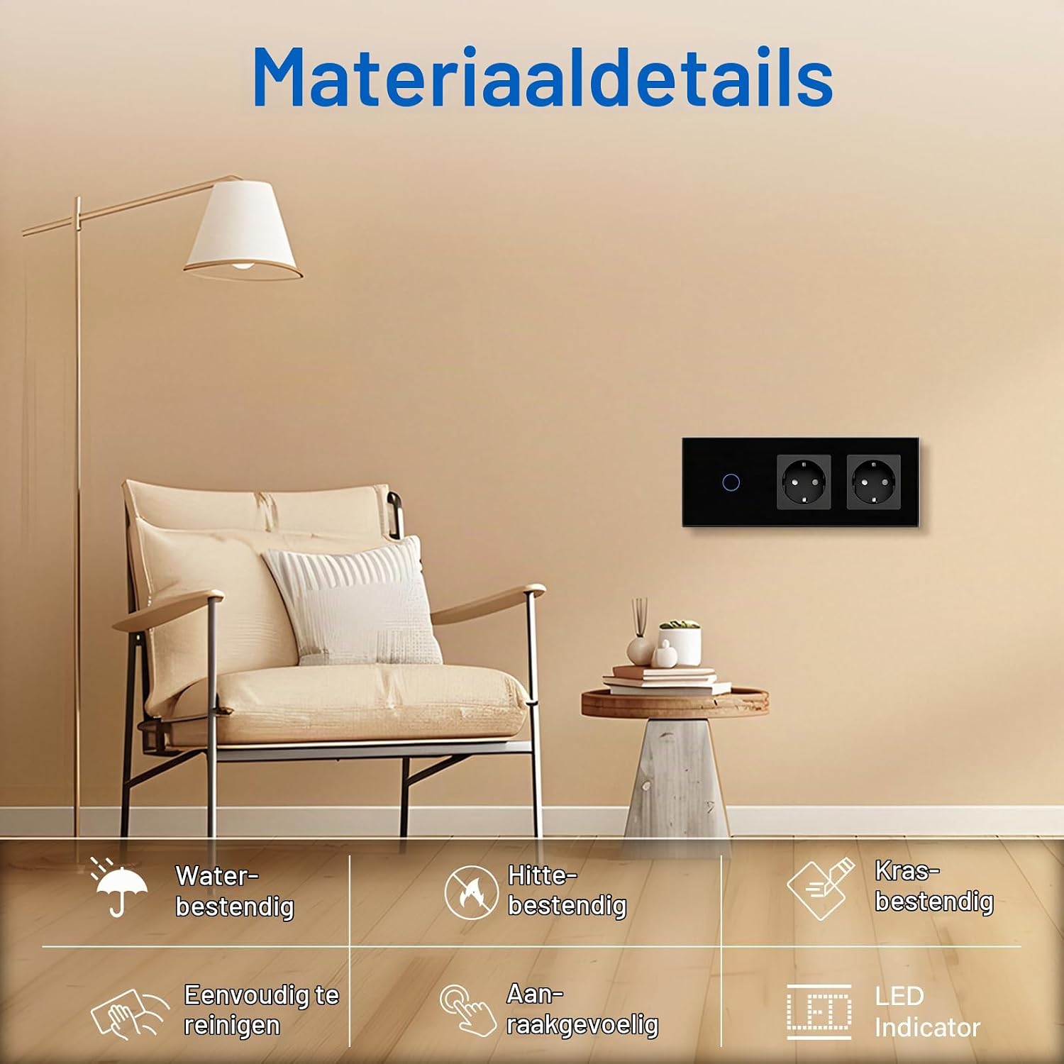 Detalle 2 de BSEED FK86TS11 touch-wandschakelaar met dubbel stopcontact en gehard glas