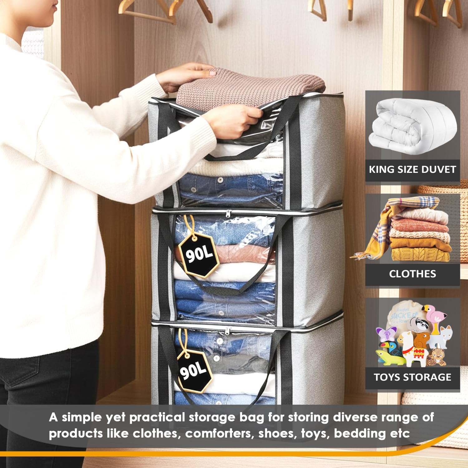 Thumbnail 1 de KURNI Storage Bags Clothes Organizer – Foldable 6 Pack, 90L each, 3-Sided Zipper, Grey