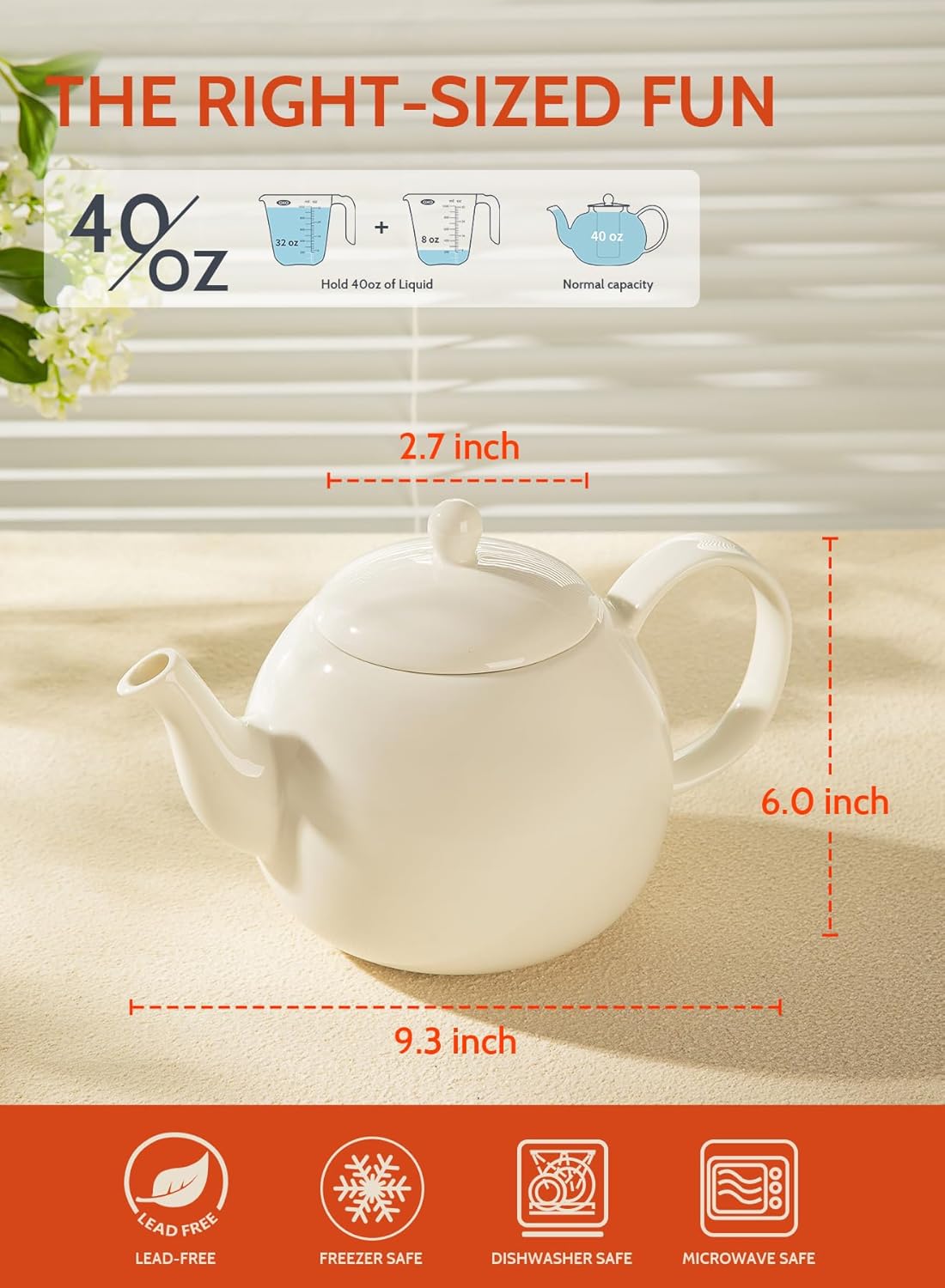 Detalle de Sweese Porcelain Teapot (40 Ounce) in White — Large Enough for About 5 Cups