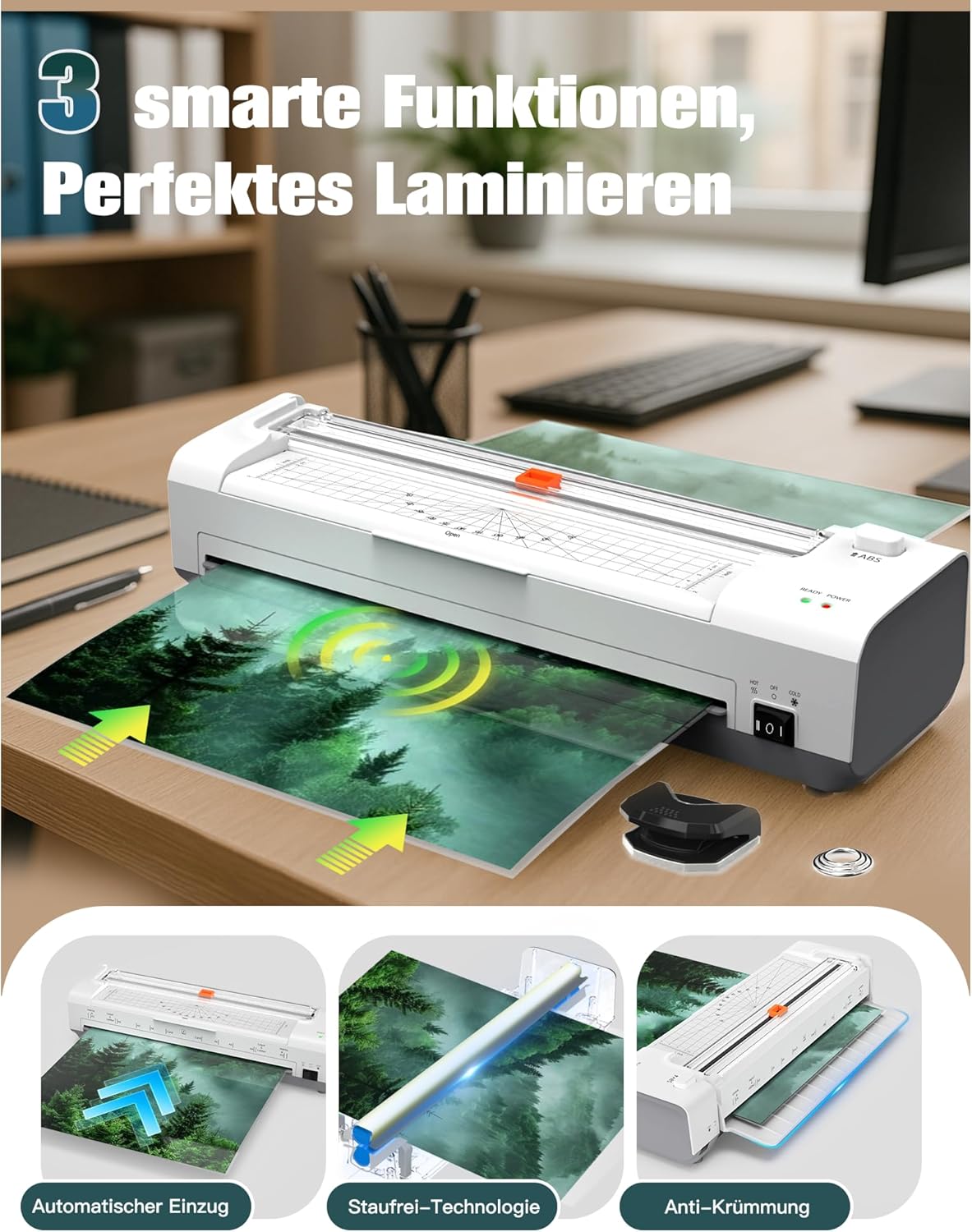 Detalle de OidoZac 13 Zoll A3 Laminiergerät mit automatischer Papiereinführung – 10-in-1 Set, kalt/heißlaminierung, ABS‑Sicherung