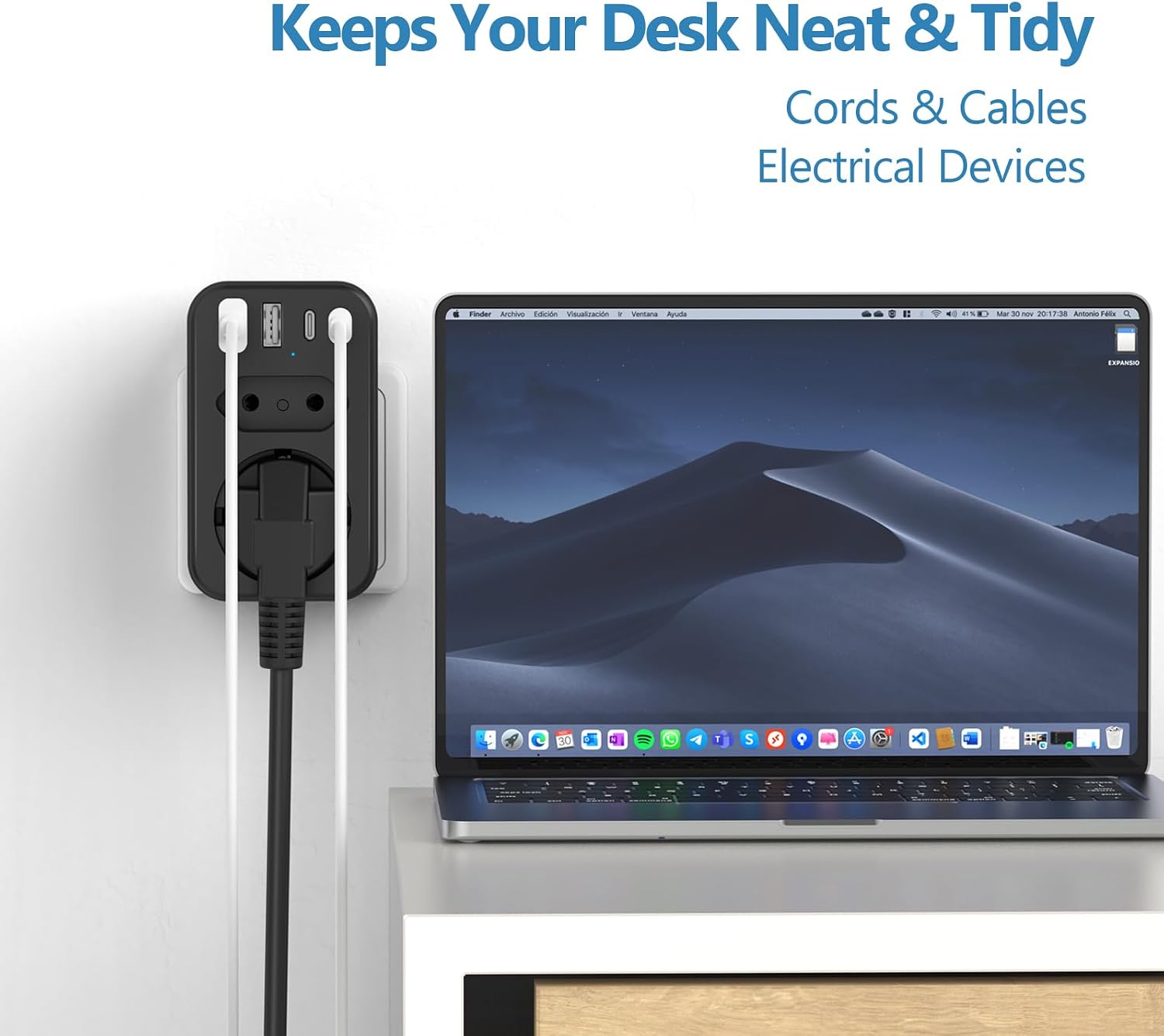 Detalle 2 de JSVER 3680W (max 16A) multipresa con 1 Schuko, 1 presa europea e 4 porte USB-C/USB-A