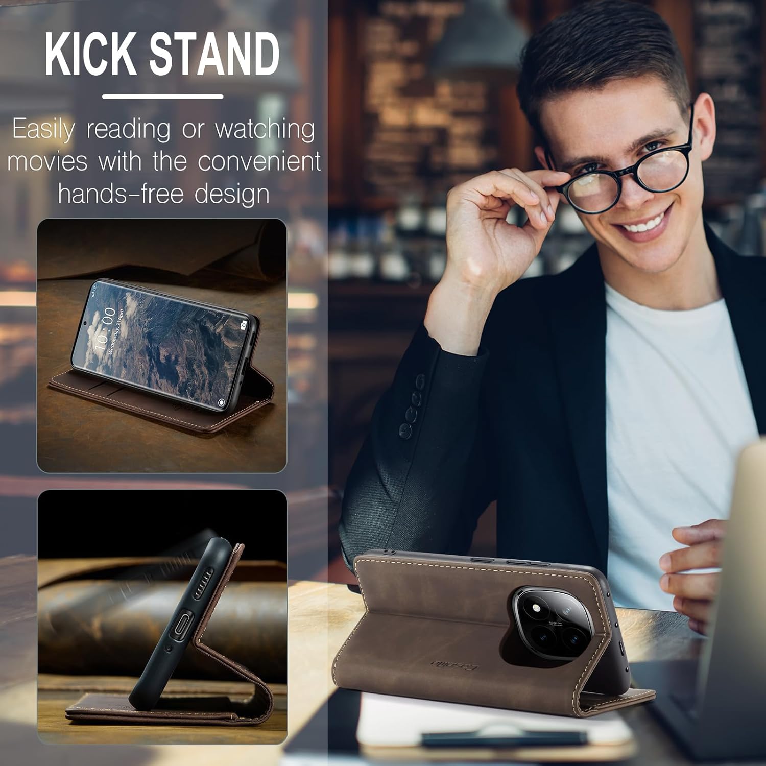 Thumbnail 6 de Monweicz Handyhülle für Xiaomi Poco X7 5G – Premium Flip-Case mit Kartenfach, Magnetverschluss und Standfunktion (Kaffee)