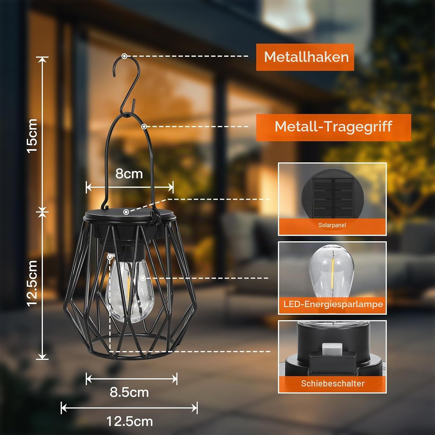Detalle de Ketom 2er-Set Solar-Laternen für außen (hängend & stehend) IP65, Vintage, mit LED und Haken, schwarz