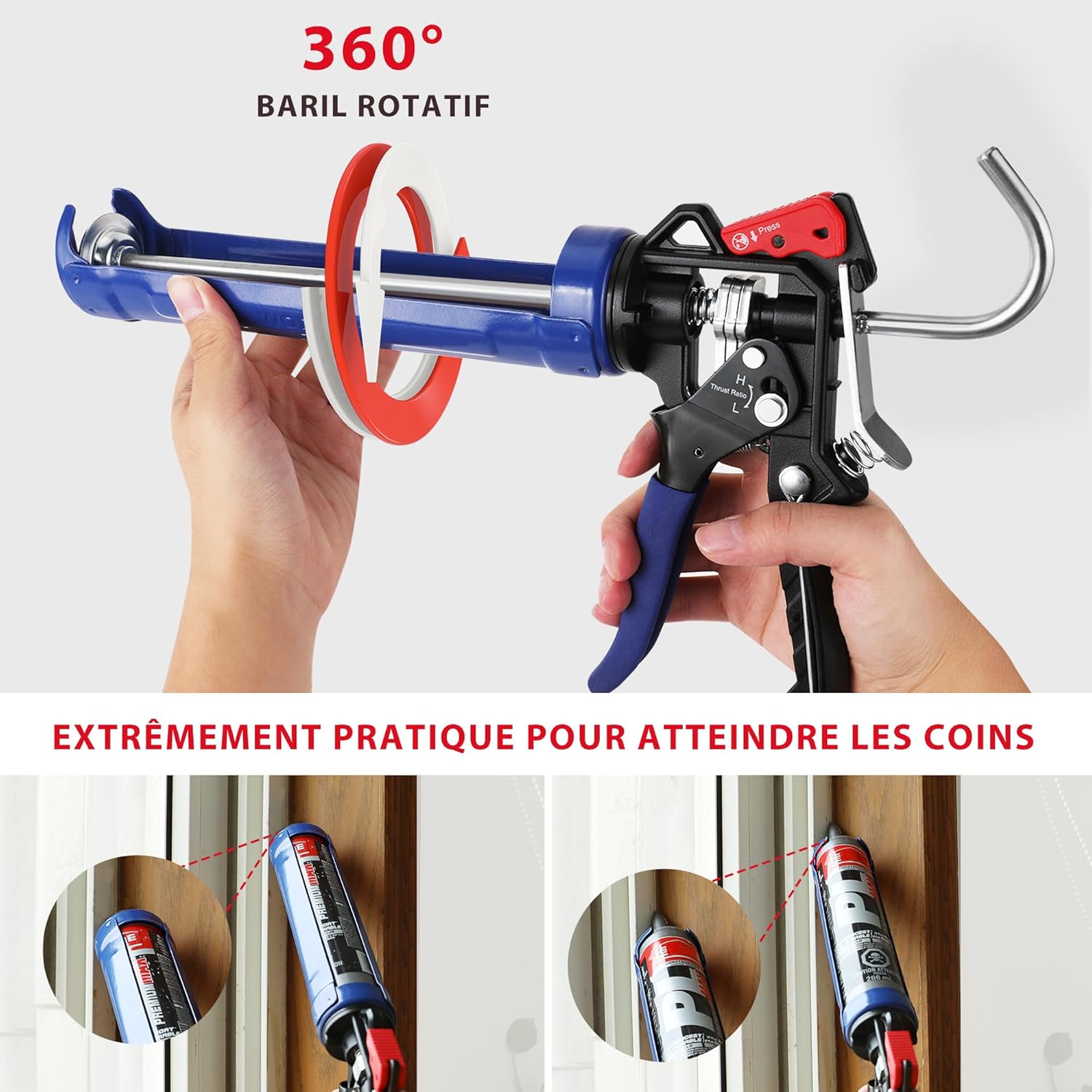 Thumbnail 4 de WORKPRO Pistolet à Calfeutrer Silicone en Métal – double poussée, 360° et 2 rapports 9:1 / 18:1