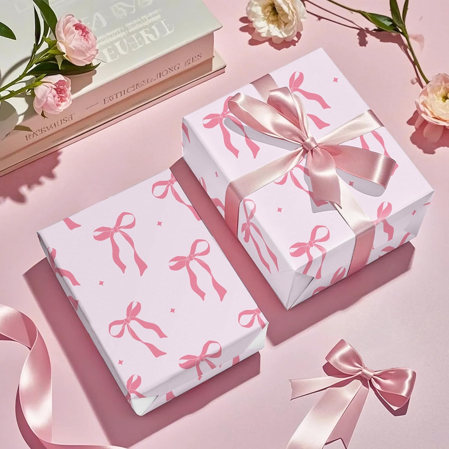 Detalle de RUSPEPA Pink Bow Wrapping Paper Roll – Mini Roll (43.2cm x 5m) with Pink Ribbon Bow Design