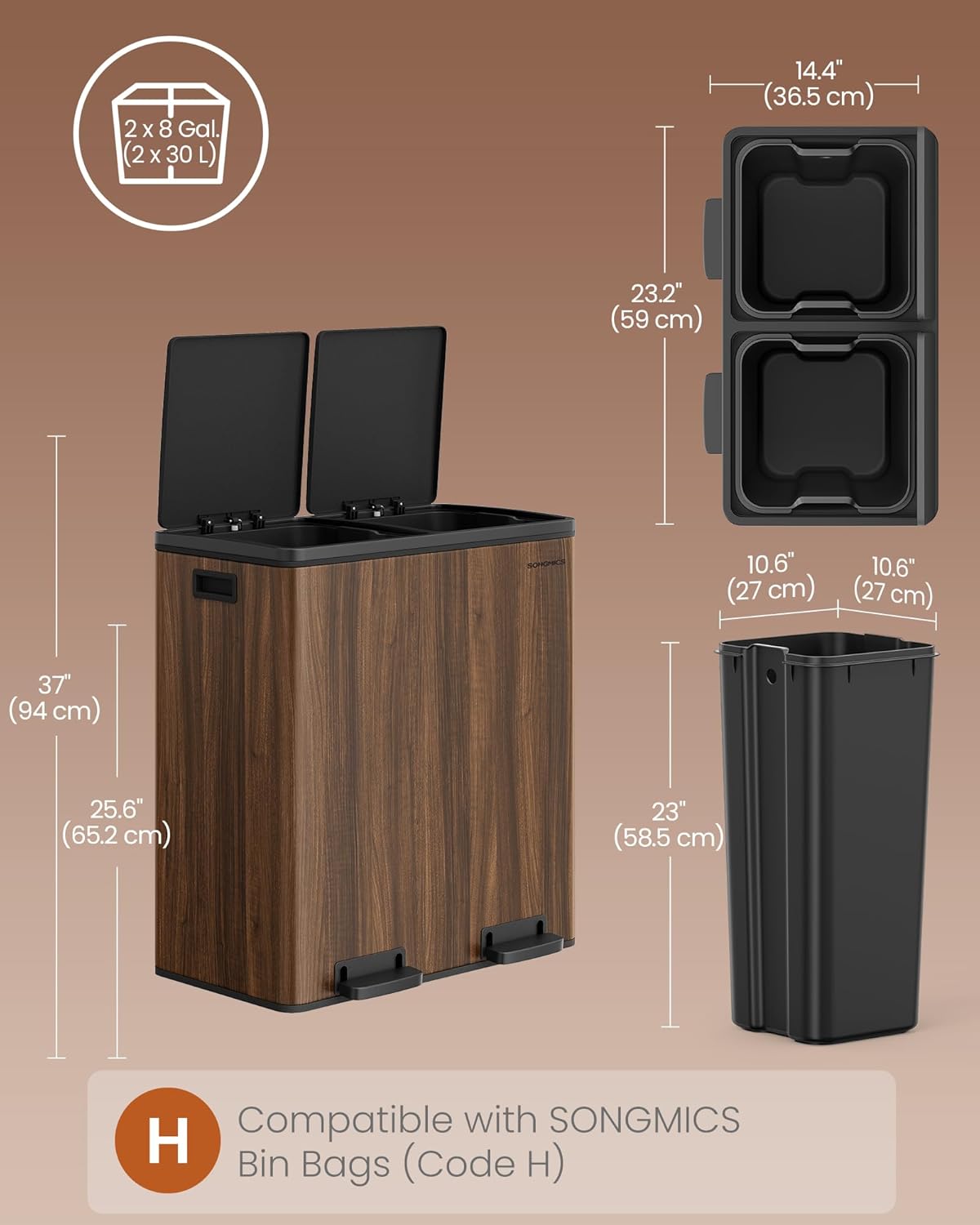 Thumbnail 4 de SONGMICS Dual Rubbish Bin (LTB060N02) – 2 x 8 Gallon metal recycling bin with pedals, lids & soft closure
