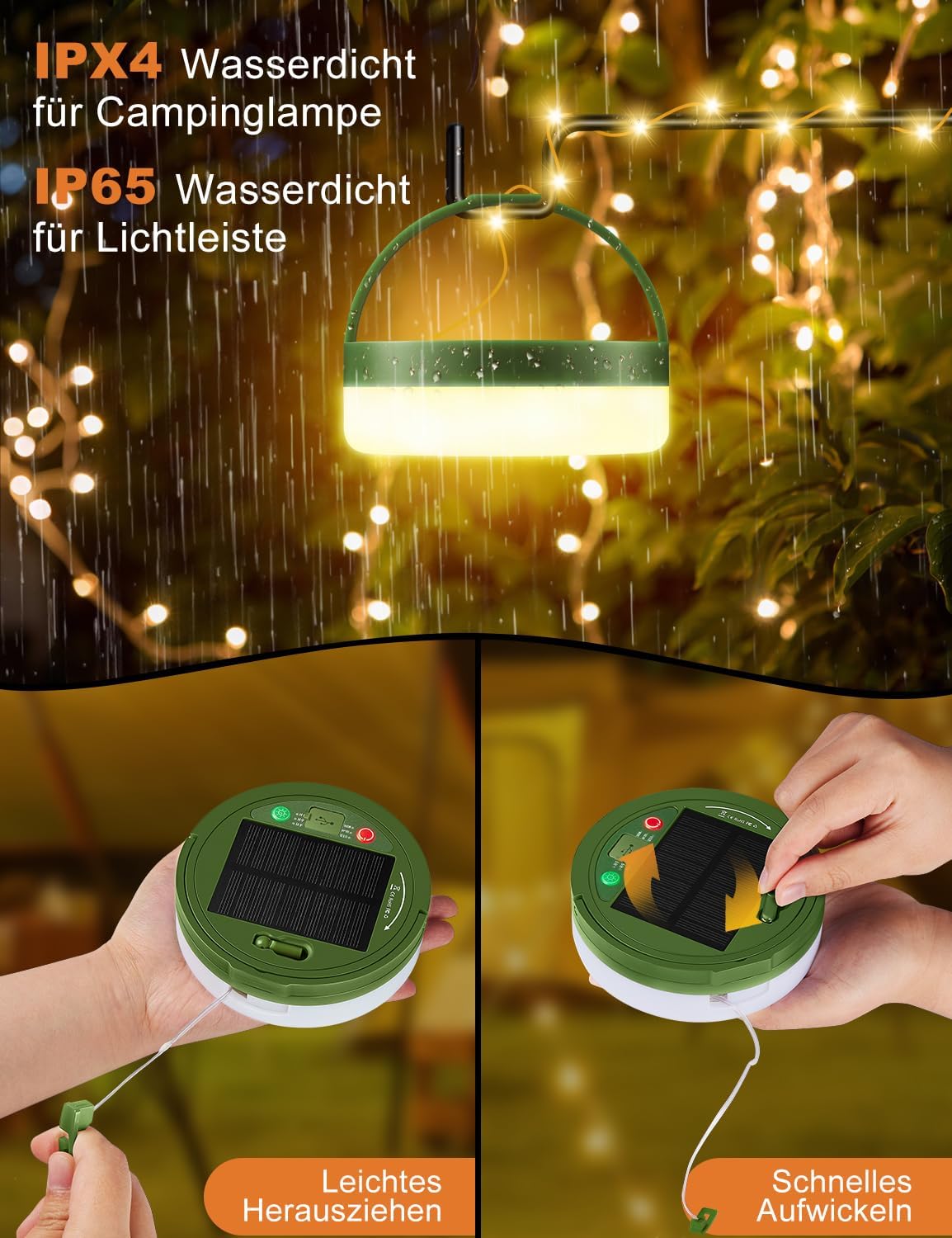 Detalle de Camping Lichterkette Aufrollbar Solar 10 m – Wiederaufladbar, IP65 wasserdicht, 8 Beleuchtungsmodi