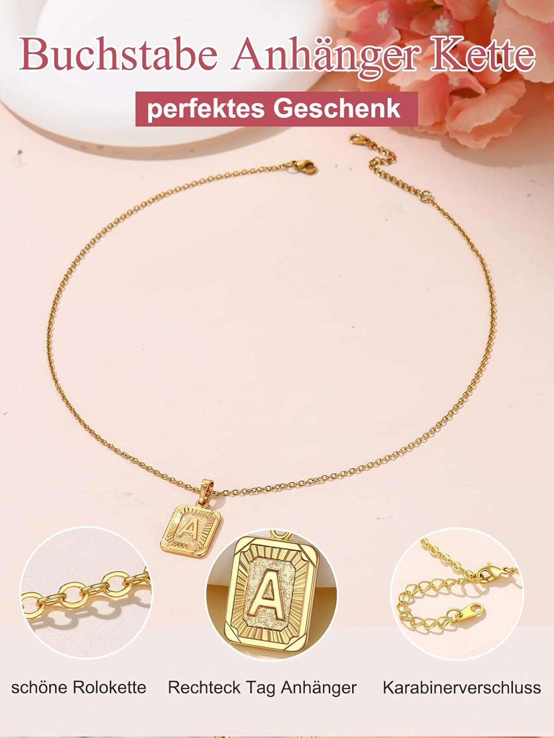 Detalle de FOCALOOK Buchstaben Kette Damen mit Rechteck Anhänger – Namenskette, Gold oder Weiß