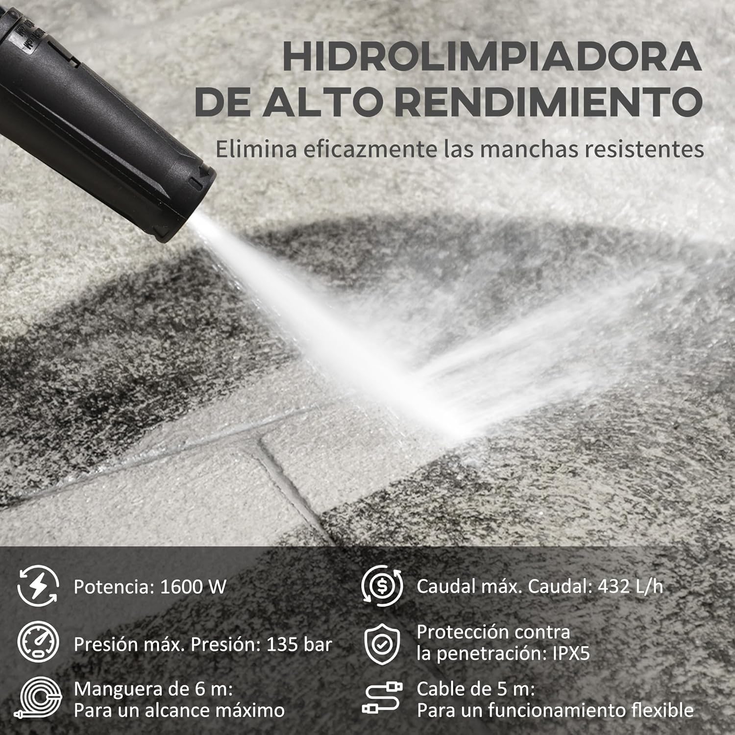 Detalle 1 de DURHAND Hidrolimpiadora 1600W 💦 135 Bar, Incluye Cepillo y Jabón