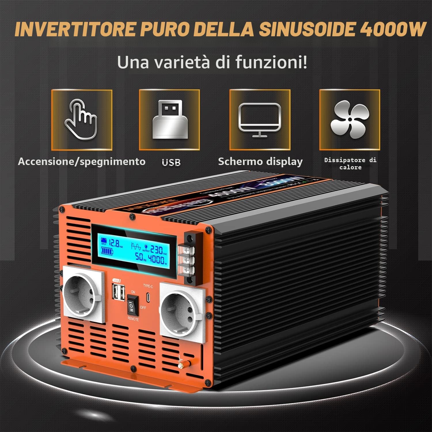 Detalle 2 de JARXIOKE Inverter 12V a 220V onda pura 4000W con telecomando, doppie prese AC e USB-C