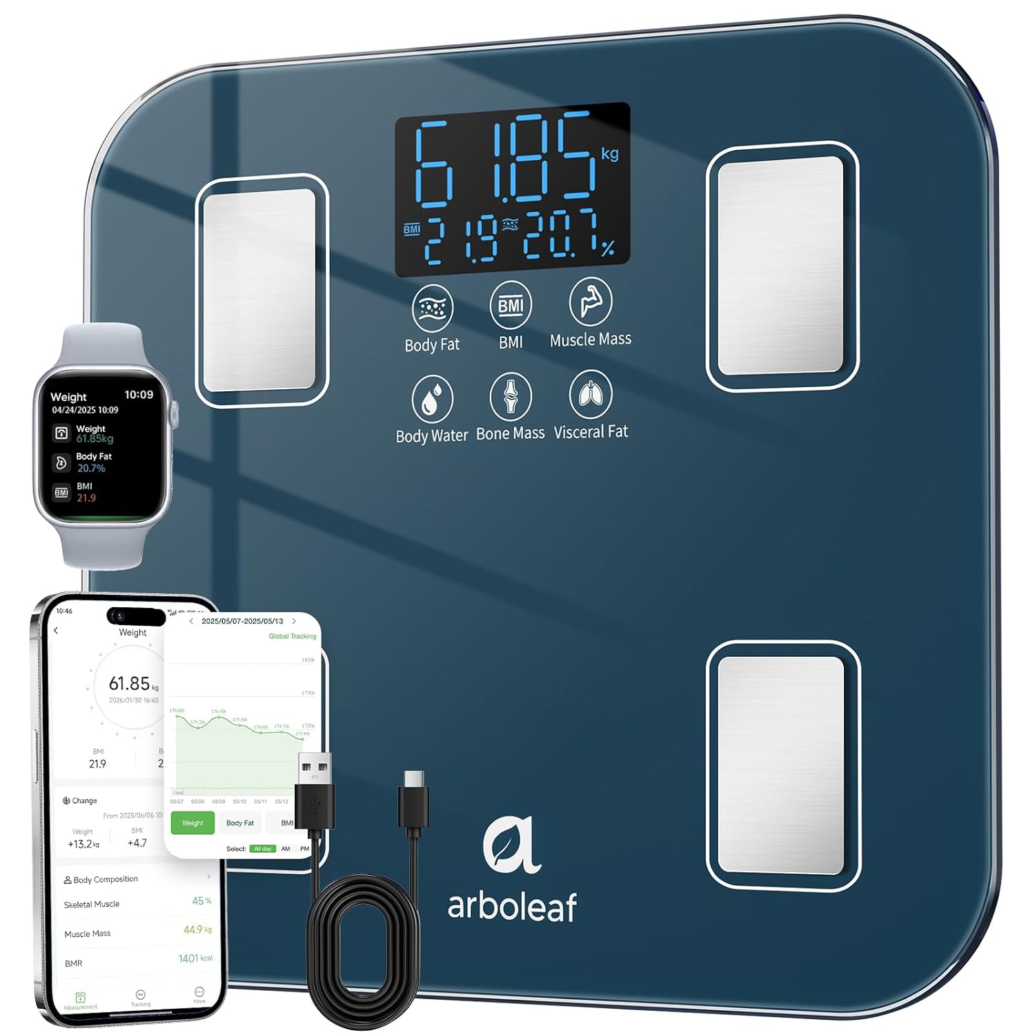 Detalle de arboleaf Balance impédancemètre rechargeable – Pèse-personne connectée jusqu’à 180 kg