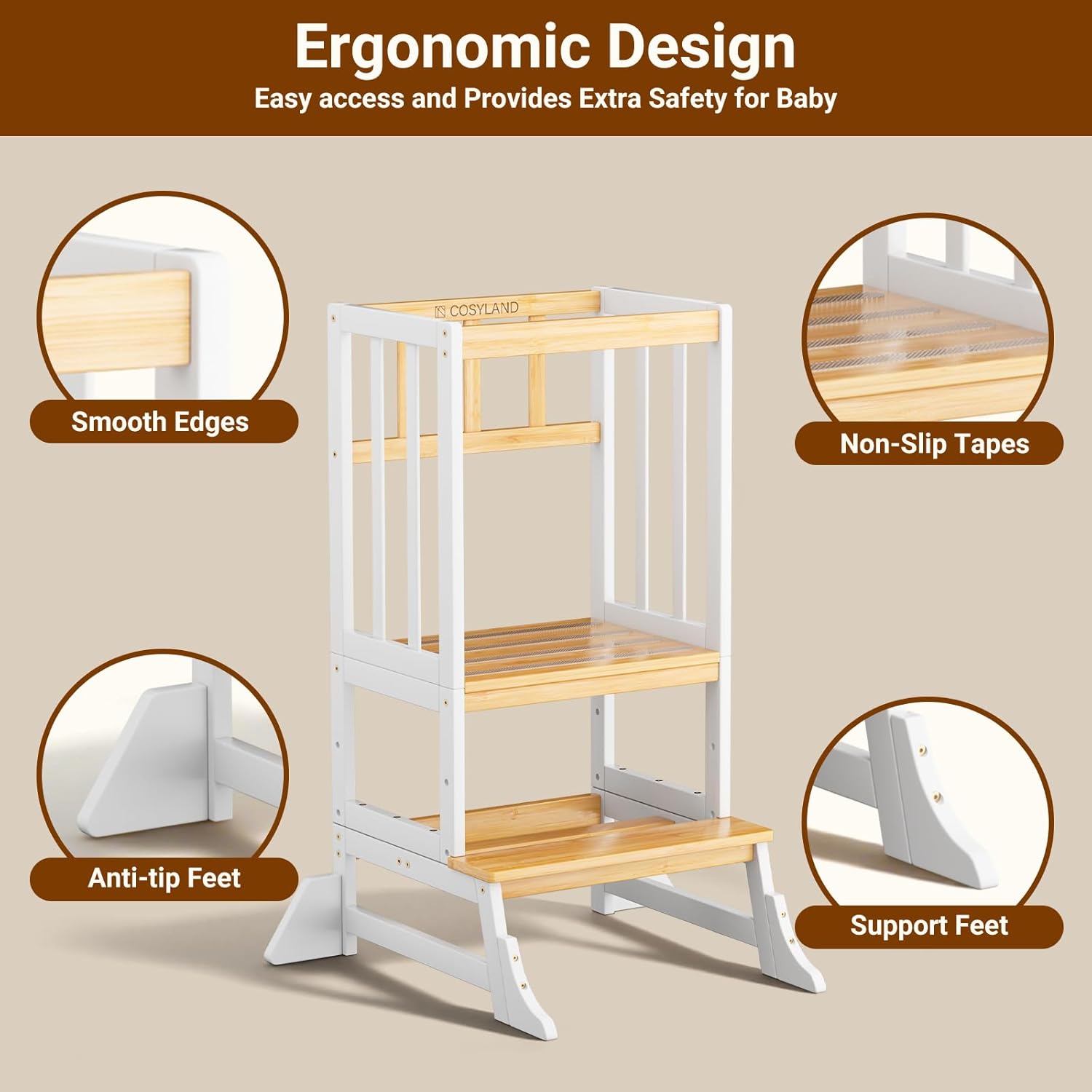 Detalle de COSYLAND Height-Adjustable Toddler Standing Tower: Stable, Lightweight Kitchen Stool for Growing Kids