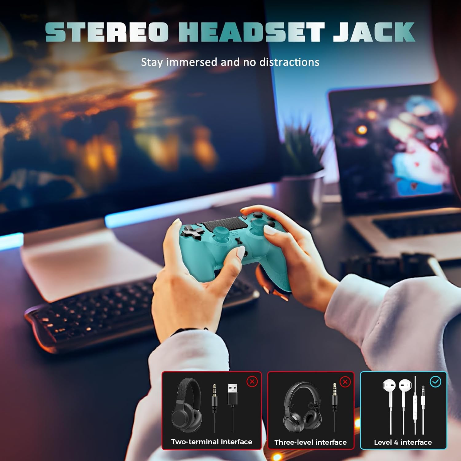Detalle de Glitfix Wireless Controller für PS-4 – kabelloser Gamepad mit Turbo, Touchpad und Dual-Vibration (2er Set, Blau-Grün + Lila)