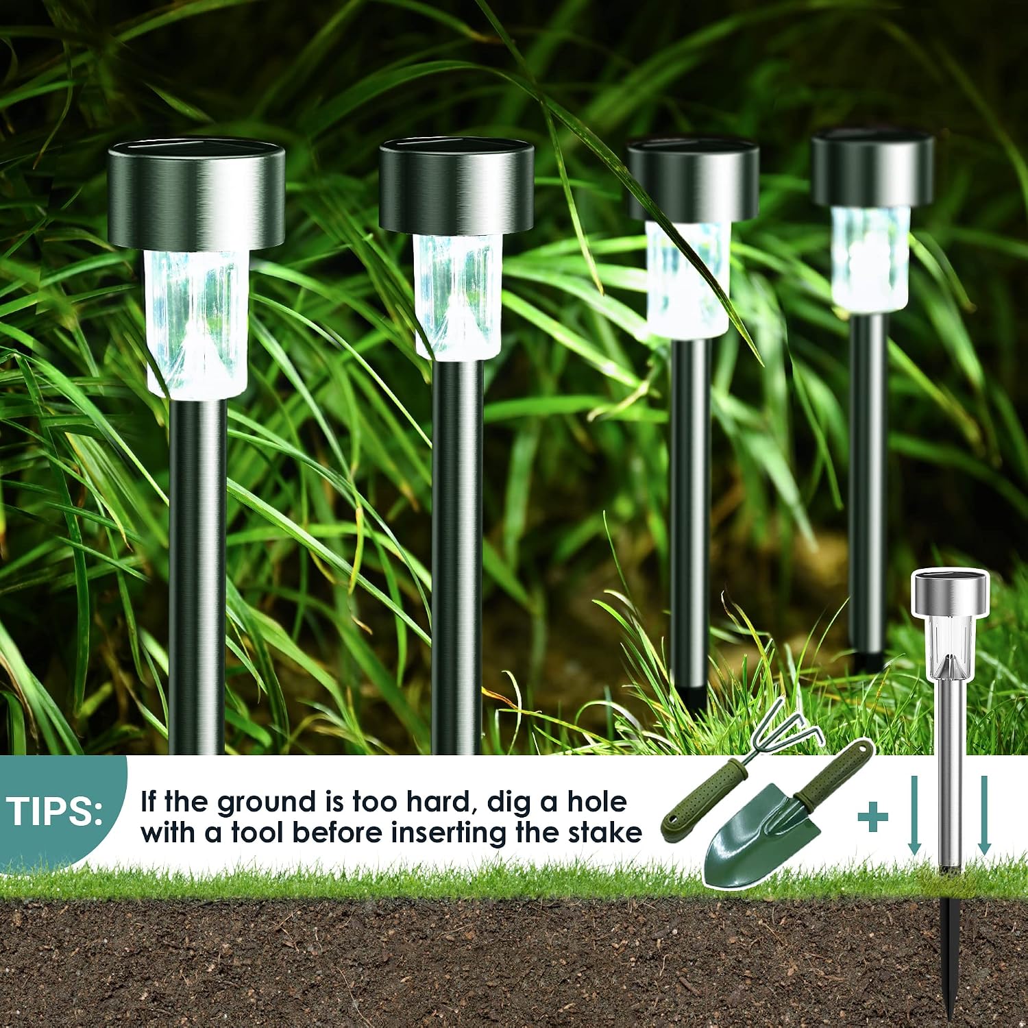Detalle 2 de GIGALUMI 16-Pack Solar Pathway Lights, Stainless Steel, Cold White