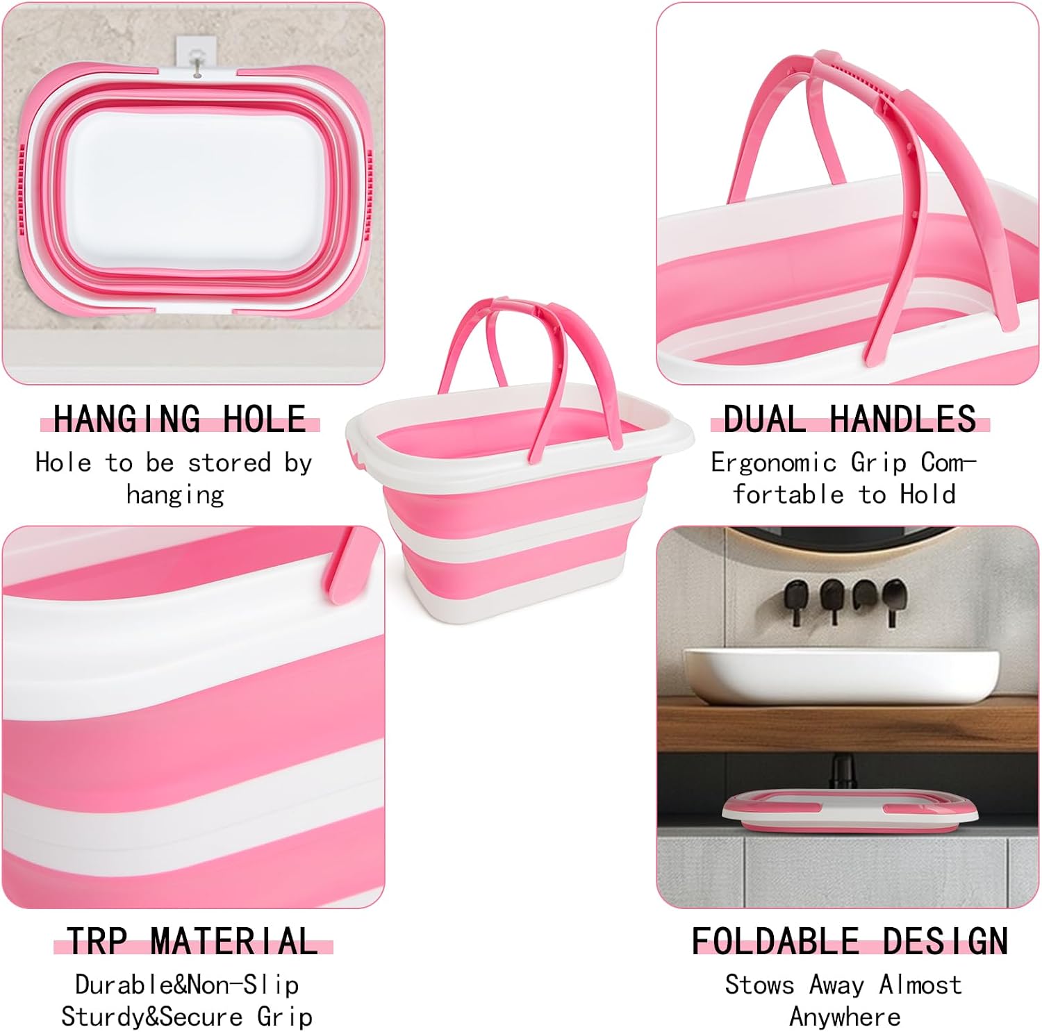 Detalle de XXFLOWER 16 L Collapsible Cleaning Bucket, Pink and White, Space-Saving Design