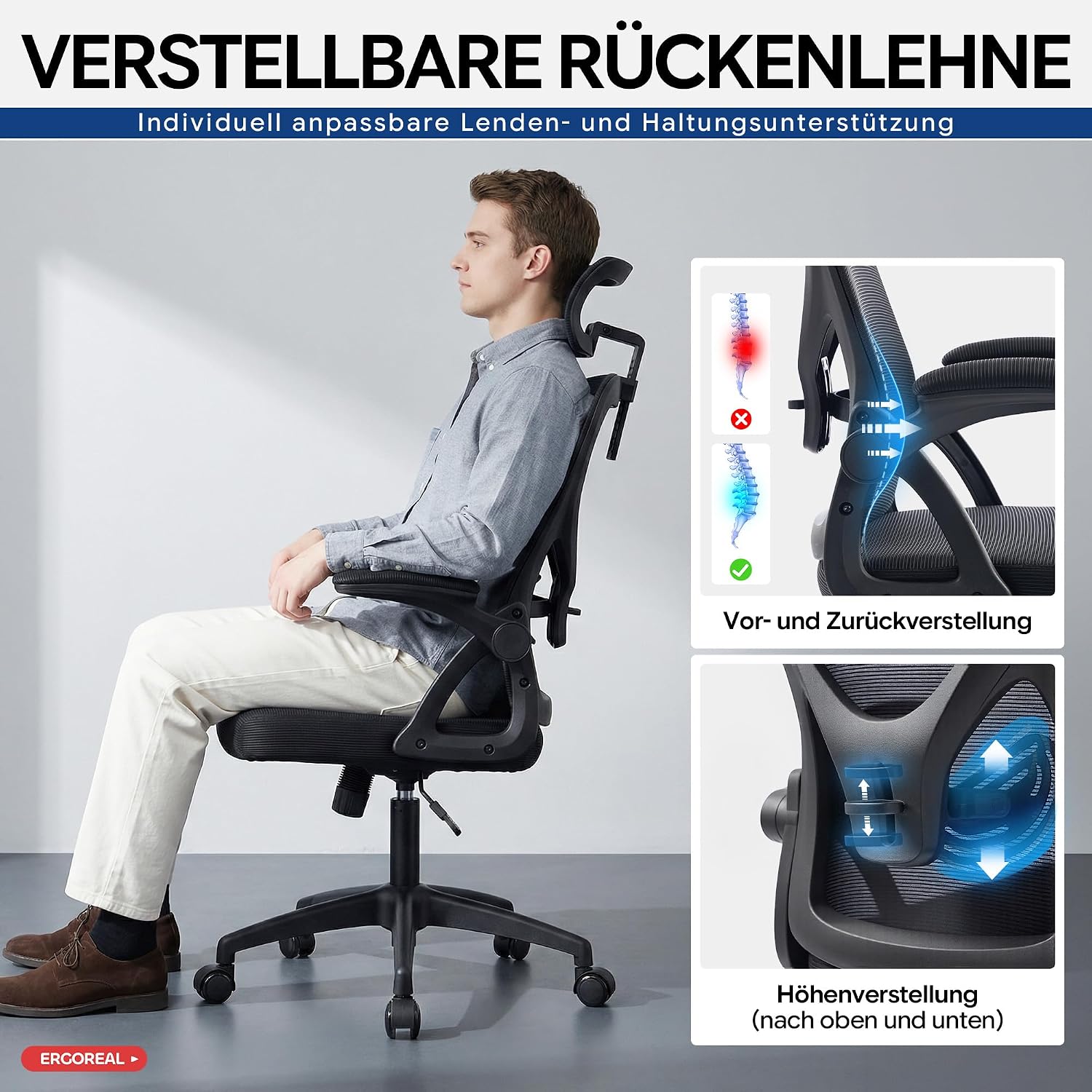 Thumbnail 3 de Ergoreal Ergonomischer Mesh-Bürostuhl für Home Office – verstellbare Lendenstütze, 2D-Kopfstütze, klappbare Armlehnen, bis 150 kg