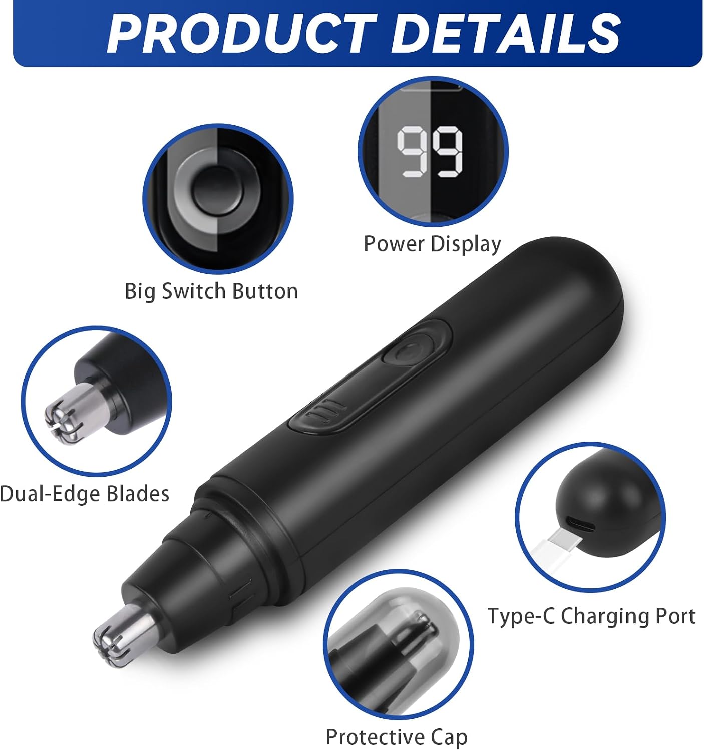 Detalle de TONDEUSE AOGOE pour nez, oreilles et sourcils — précision, portable et rechargeable